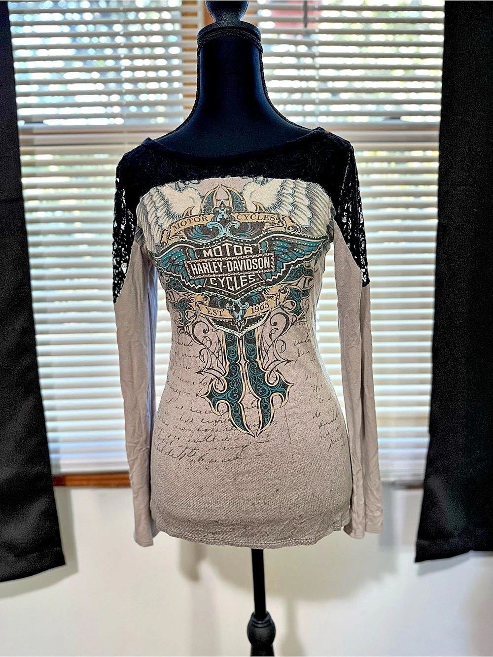 Y2K Harley Davidson Rhinestone Lace Long Sleeve Top Women’s Made USA Vintage’s